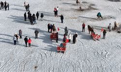 Buzla kaplı Çıldır Gölü'ne gelen turistler halay çekip atlı kızakla gezinti yaptı