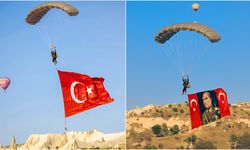 Kapadokya'da JÖAK timi sıcak hava balonundan paraşütle atladı