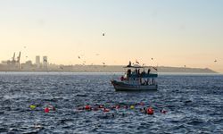 İstanbul'da yüzücüler Gazze'ye destek için Sarayburnu'ndan Demokrasi ve Özgürlükler Adası'na kulaç attı