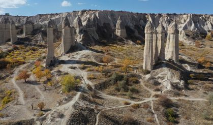 Kapadokya’da sonbahar büyüsü: Sararan yapraklar peribacalarıyla buluştu