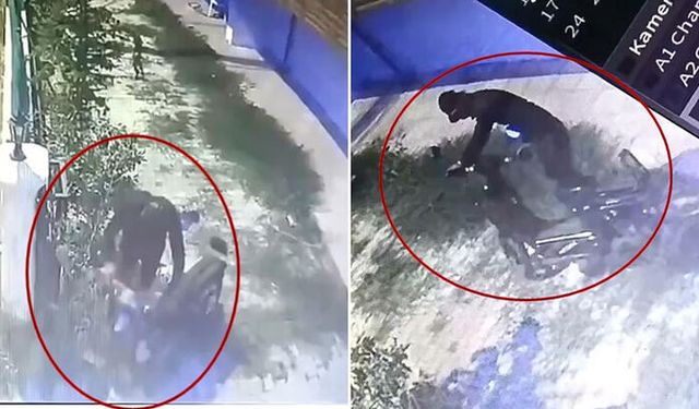 Direğe kilitli motosikletin çalınma anı kamerada